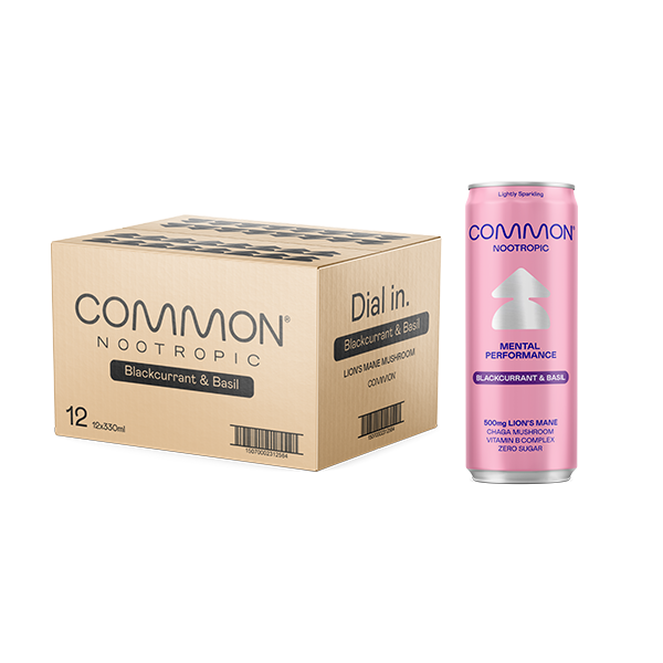 IQ Nootropics Presents: COMMON 500mg Nootropic Sparkling Drink – Blackcurrant & Basil – Cognitive Boost with Lion’s Mane & Chaga – 12 x 330ml Cans